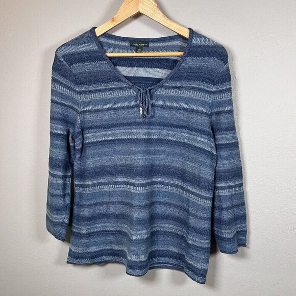 Ralph Lauren Blue Striped Tie V-Neck Pullover Sweater Long Sleeve Women's Size L - Picture 1 of 9